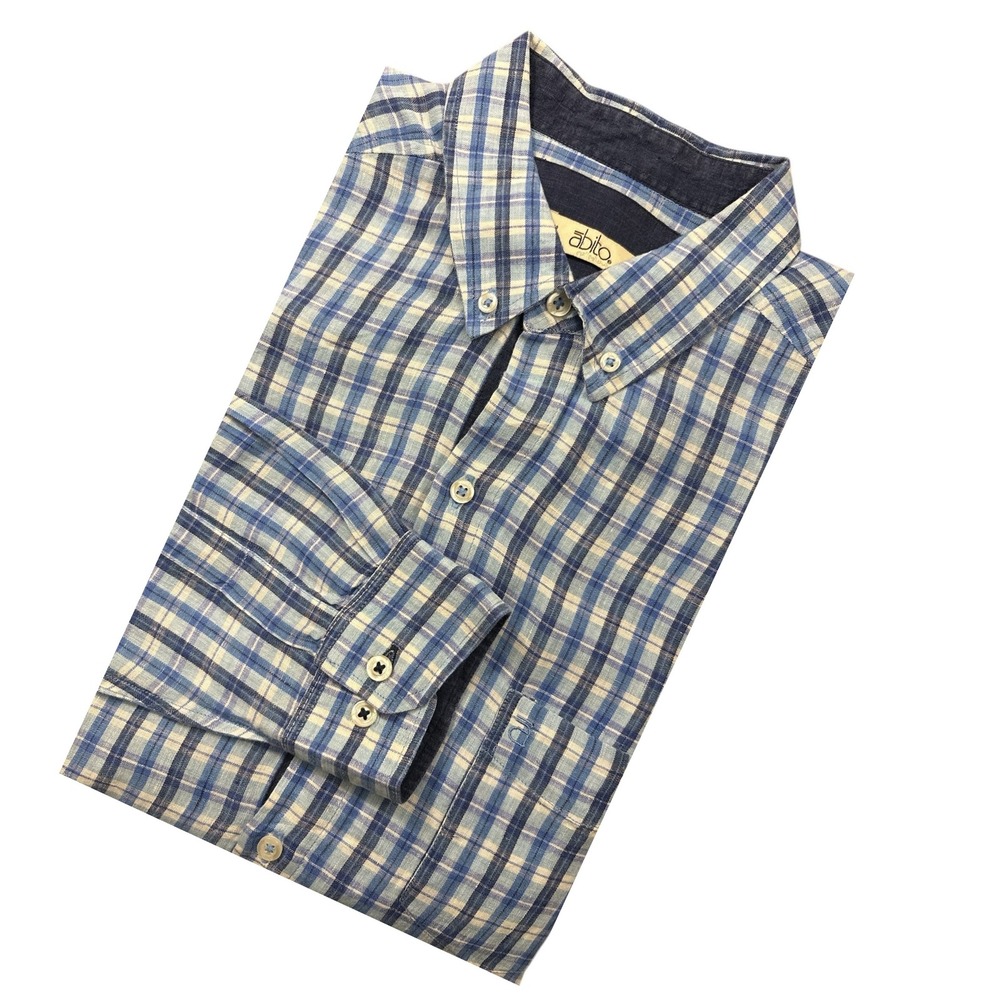 Abito Collection Mens Plaid Linen Button Down Shirt Long Sleeve Blue‎ Large